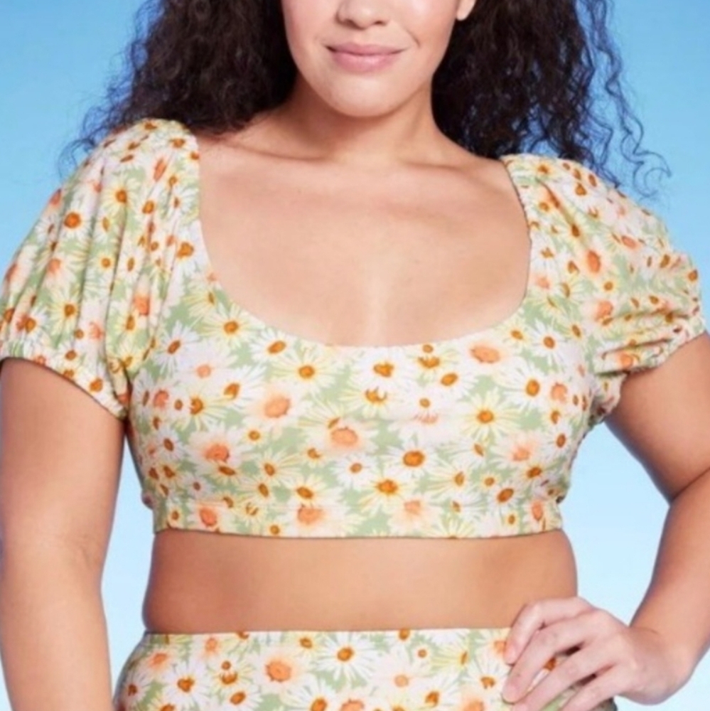 NWT Wild Fable Swimsuit Top Lace Up Back Puff Sleeve 14/16 X - Picture 7 of 7